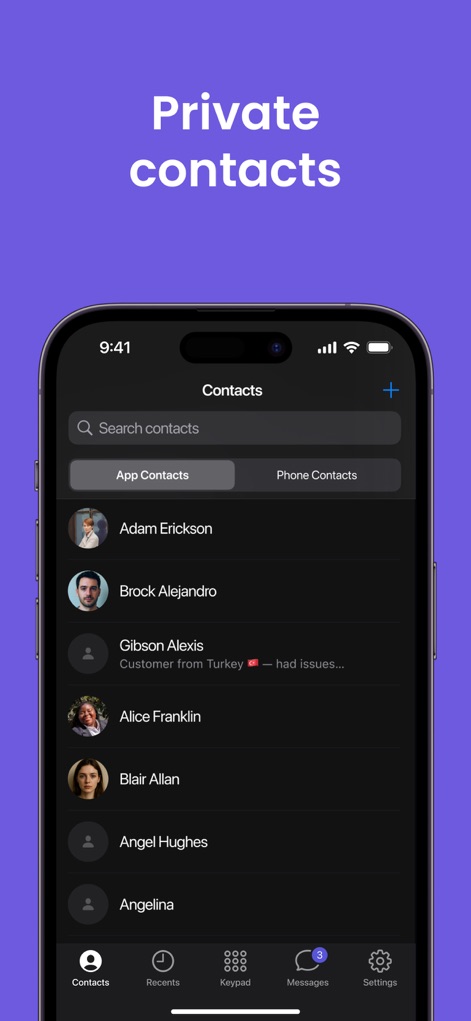 Second Phone Number: 2nd eSIM - 사용자는 '앱 연락처' 및 '휴대폰 연락처' 탭을 통해 연락처를 분리하여 관리할 수 있으며, 이를 통해 개인 정보 보호를 강화하고 효율적인 연락처 분류를 가능하게 합니다.