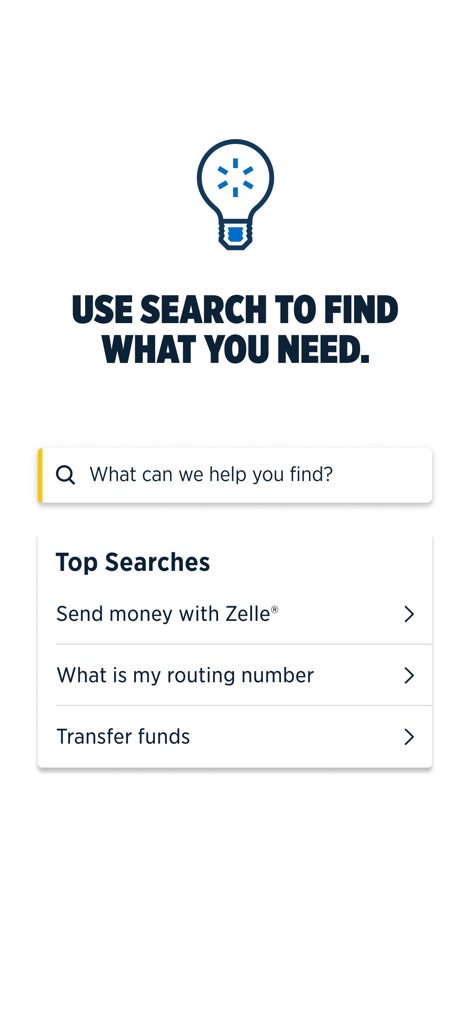 USAA Mobile - This tool incorporates smart search functionality, featuring an intuitive search bar and helpful suggested top searches for quick navigation.