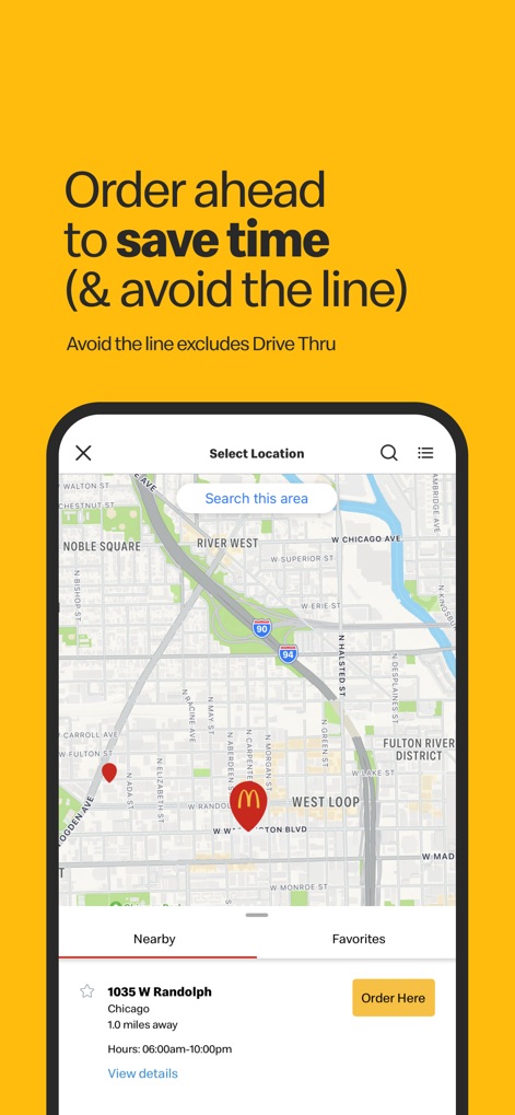 McDonald's - This screen illustrates how users can conveniently select a preferred McDonald's location on the interactive map and proceed directly to 'Order Here' for efficient service.