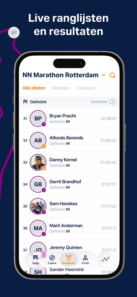 NN Marathon Rotterdam - The app provides dynamic live rankings, allowing users to view real-time finish statuses and filter participants by categories like gender.