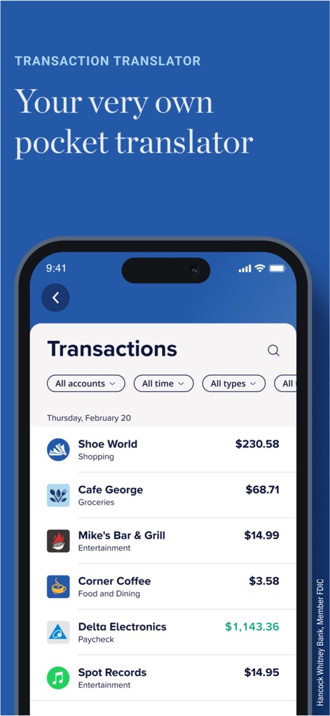 Hancock Whitney Bank - The app provides a clear, categorized list of recent transactions, with filtering options for accounts and types to easily track spending.