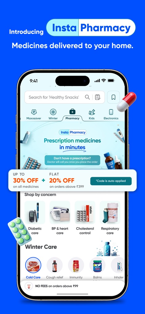 Instamart: Groceries & more - The app seamlessly integrates 'Insta Pharmacy' for medicine delivery, allowing users to browse and shop products conveniently organized by specific 'Shop by concern' categories.