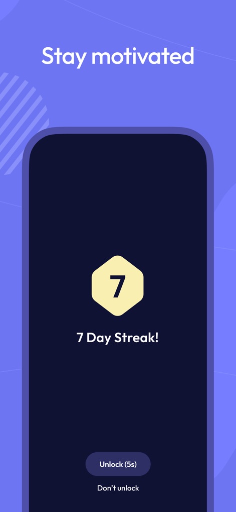 ScreenZen- Screen Time Control - This tool fosters digital well-being through motivational elements like the "7 Day Streak!" badge and a brief "Unlock (5s)" countdown to reinforce positive habits.