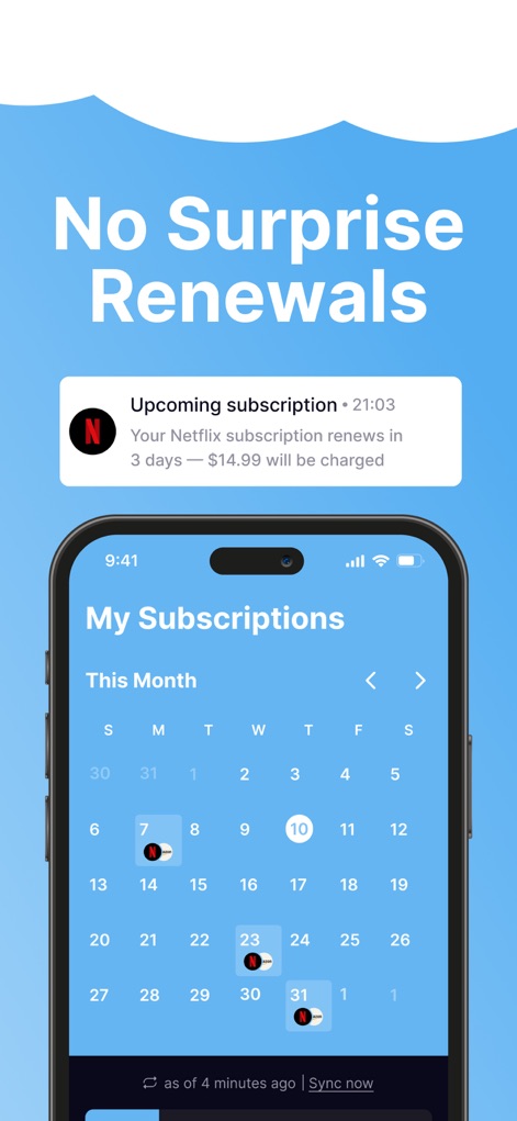 SubPilot: Cancel Subscriptions - La aplicación alerta a los usuarios con notificaciones anticipadas de suscripciones como la de Netflix, y presenta un calendario intuitivo que muestra las fechas exactas de renovación, empoderando la gestión.