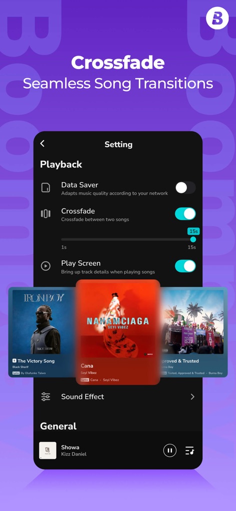 Boomplay Lite：Music Player Pro - Witness the app's playback settings, featuring a customizable crossfade function with a duration slider and an integrated data saver option for optimized streaming.
