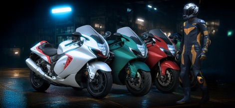 Extreme Motorcycle Simulator - Admire the trio of high-performance sport bikes and the detailed rider gear, ready for the track.