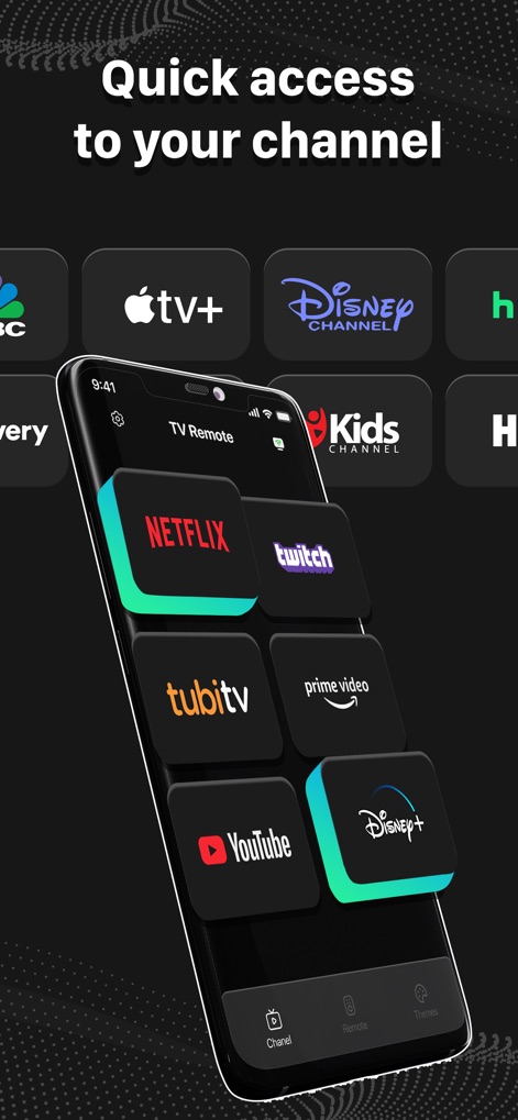 Remote Control - All TV - Esta pantalla permite a los usuarios acceder rápidamente a sus plataformas de streaming favoritas, mostrando una cuadrícula de logotipos de servicios como Netflix y YouTube con una navegación sencilla para seleccionar contenido.