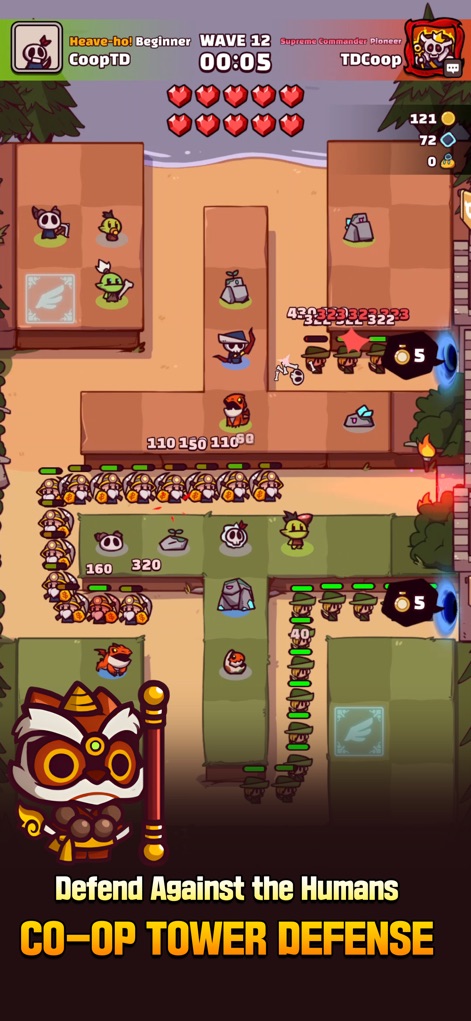 Coop TD: Together - Observe the vibrant battlefield showcasing real-time wave progression and shared player health indicators, emphasizing cooperative strategic defense.