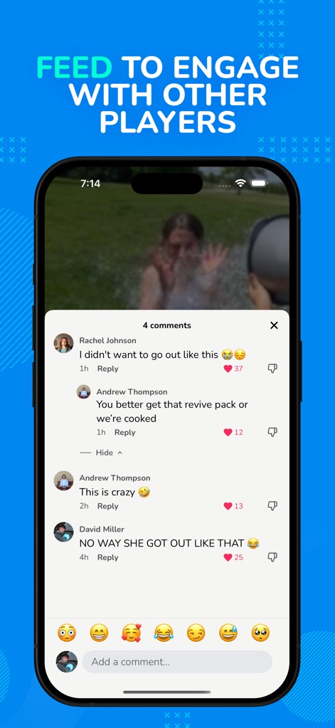 Splashin - Users can engage with an interactive activity feed featuring player updates and express reactions through comments and emojis.