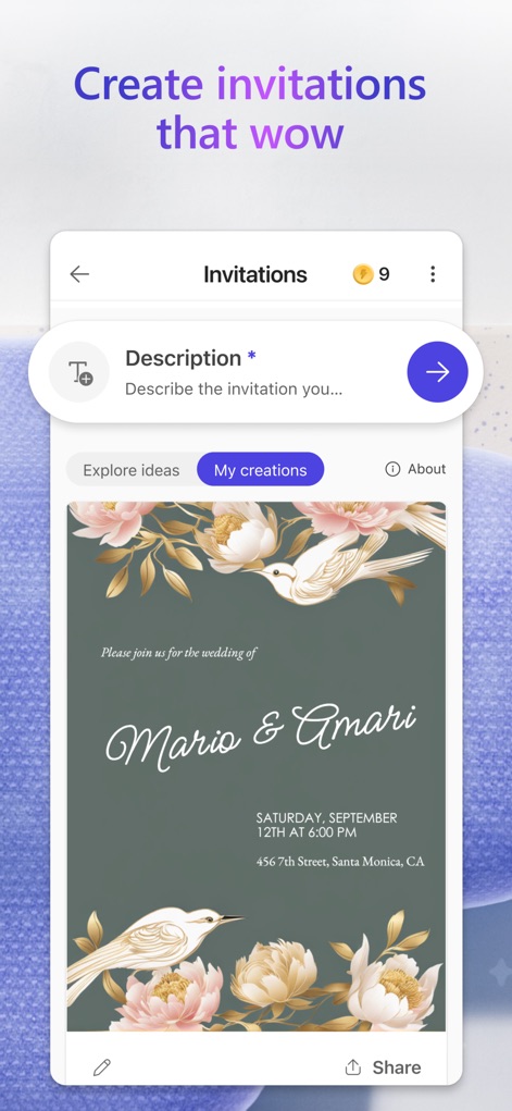 Microsoft Designer - La aplicación simplifica la creación de invitaciones impactantes, ofreciendo opciones para personalizar cada detalle, como se aprecia en el diseño elegante de la invitación de boda con su tipografía refinada y elementos gráficos florales.