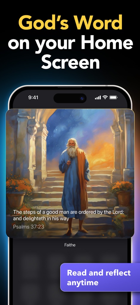 Faithe: Bible Videos & Study - The app provides elegant Home Screen widgets that display a daily Bible verse paired with a beautiful illustration, allowing users to 'Read and reflect anytime'.