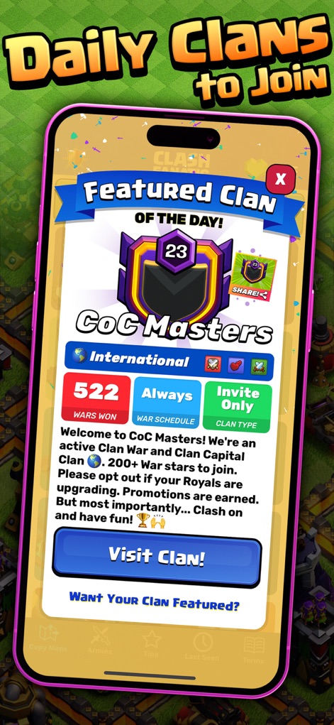 CoC Fanatic for Clash of Clans - Jogadores podem descobrir clãs ativos para se juntar, com o destaque do 'Featured Clan of the Day!' mostrando detalhes como 'CoC Masters' e um botão 'Visit Clan!' para interação.