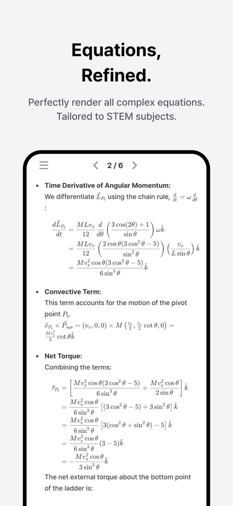 GPAI: AI STEM Copilot - Nutzer profitieren von der makellosen Darstellung komplexer mathematischer Ausdrücke, wie der 'Time Derivative of Angular Momentum' und detaillierten 'Convective Term'-Gleichungen, die für STEM-Fächer optimiert sind.