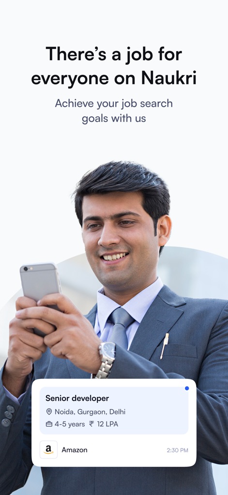 Naukri: Job Search and News - The app caters to all job seekers, showcasing diverse roles such as a 'Senior developer' position at 'Amazon' with clear details like 'Noida, Gurgaon, Delhi' and an impressive '12 LPA' salary.