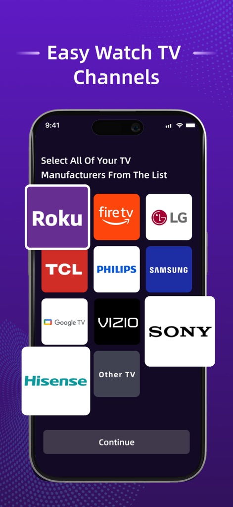 TV Remote - Universal Pro - L'application permet aux utilisateurs de sélectionner facilement leur marque de téléviseur parmi une liste exhaustive de logos, incluant Roku et Samsung, pour une configuration rapide et sans effort.