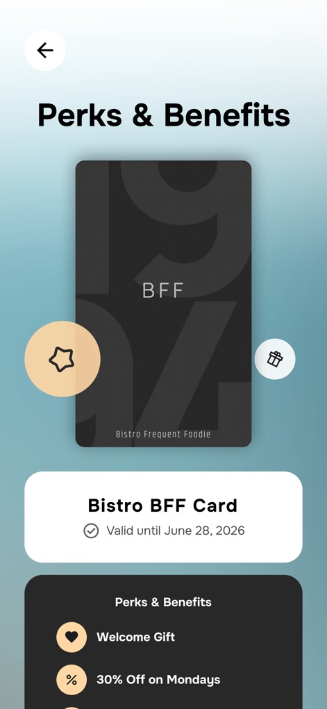 Bistro BFF - Explore a curated list of advantages, highlighting benefits such as a personalized "Welcome Gift" and exclusive offers like "30% Off on Mondays."