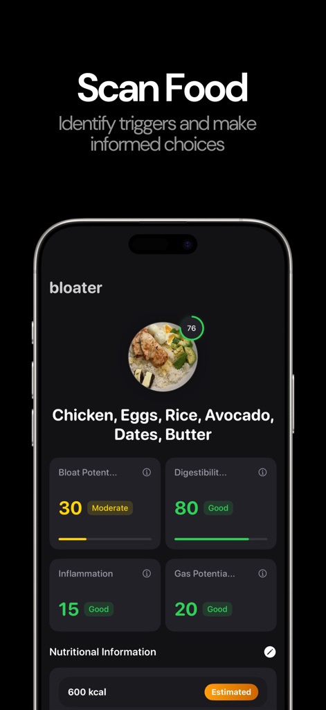 bloater ai - Users can quickly analyze meal components for potential bloating triggers and view detailed "Bloat Potential" and "Digestibility" scores.
