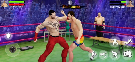 Real Wrestling : Fighting Game - 이 스크린샷은 두 레슬러가 치열한 근접 난타전을 벌이는 모습을 포착하며, 한 레슬러의 팔에 새겨진 섬세한 캐릭터 문신이 시각적 디테일을 더합니다.