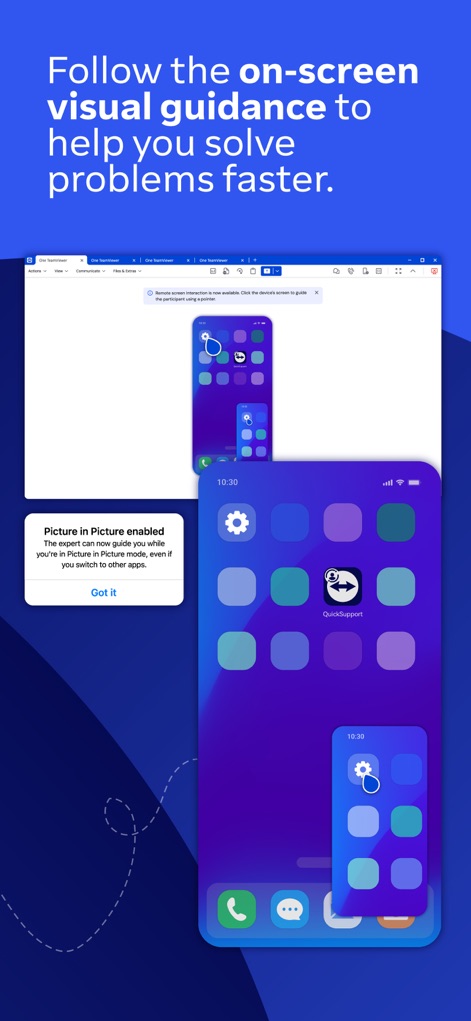 TeamViewer QuickSupport - La aplicación presenta 'guía visual en pantalla' para resolver problemas y una función de 'imagen en imagen' que mantiene la visibilidad durante otras tareas.