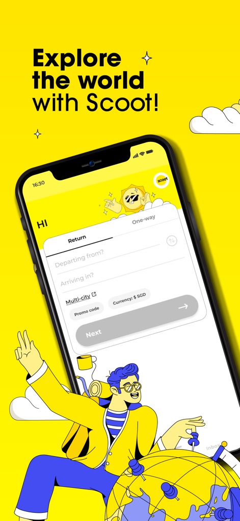 Scoot Mobile - The app streamlines trip planning with accessible "Return" and "One-way" flight search tabs and a prominent "Currency: S SGD" selector.