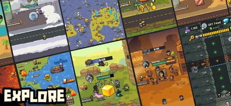Earth Inc. Tycoon Idle Miner - The app showcases a collage of diverse biomes, each revealing unique structures and characters, inviting users to 'EXPLORE' the vast possibilities of different game worlds.