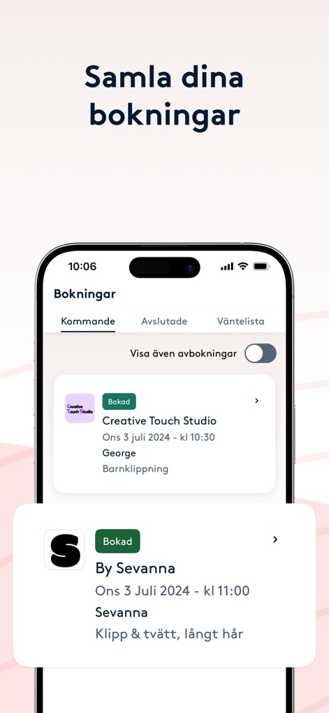 Bokadirekt: Skönhet & Hälsa - Users can manage all their appointments from a single view, clearly organizing upcoming services and past bookings.