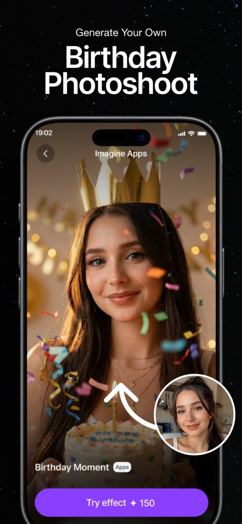 ImagineArt: AI Video Generator - A imagem mostra como a foto original de um usuário é integrada em um cenário de festa de aniversário, completo com confetes e um bolo de celebração.