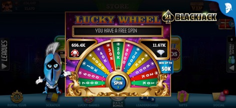 Blackjack 21: Live Casino game - Les utilisateurs peuvent tenter leur chance avec la Roue de la Fortune pour gagner des jetons et des diamants, symbolisés par les différentes récompenses affichées.