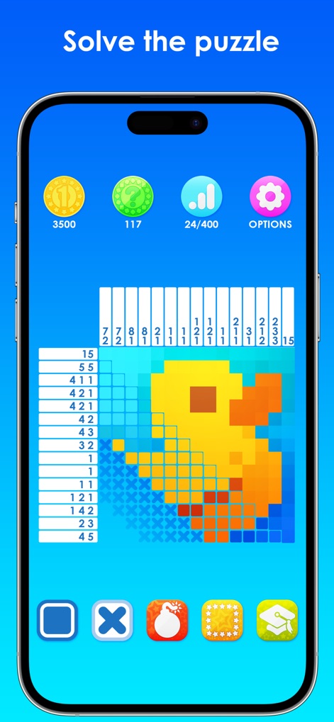 Picture Cross - Die Aufforderung "Solve the puzzle" auf dem Display begleitet den Fortschritt eines Nonogramm-Rätsels, das eine gelbe Pixel-Ente formt, und illustriert die direkte Herausforderung und das visuelle Feedback der App.