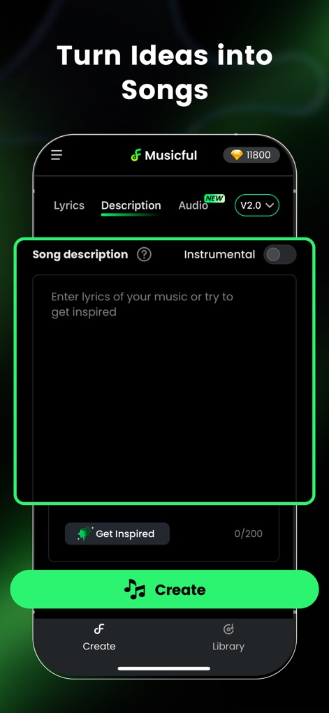 AI Song Generator - Musicful - Users can transform initial concepts into full tracks by entering a detailed 'Song description' and leveraging the 'Get Inspired' feature to overcome creative blocks effortlessly.