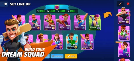 HITWICKET Cricket Game 2026 - Users can strategically assemble their dream team by selecting from a diverse grid of player cards and utilize the 'AUTOPICK' and 'SAVE' functions for efficient squad management.