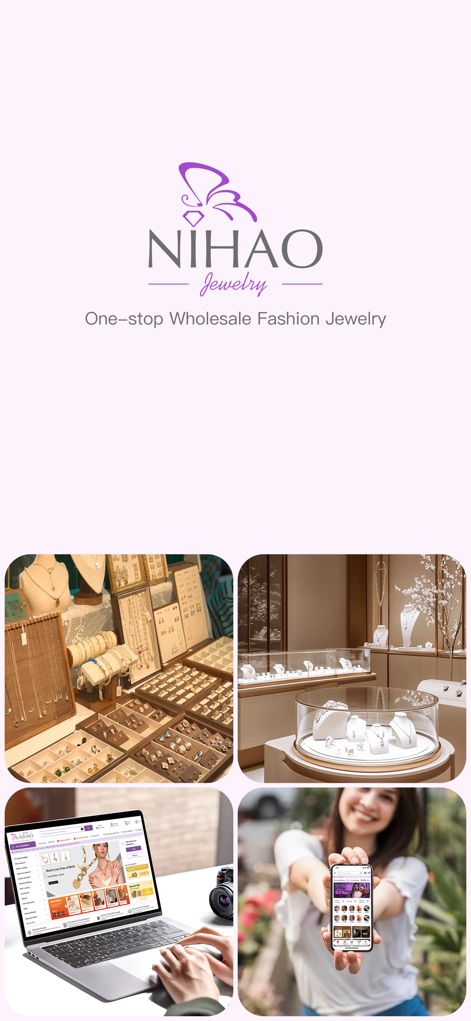 Nihaojewelry-Wholesale Online - Die App präsentiert ihre Markenidentität mit dem Logo und zeigt die Vielfalt des Angebots durch verschiedene Schmuck-Setups und Nutzungsszenarien auf Laptop und Mobiltelefon.