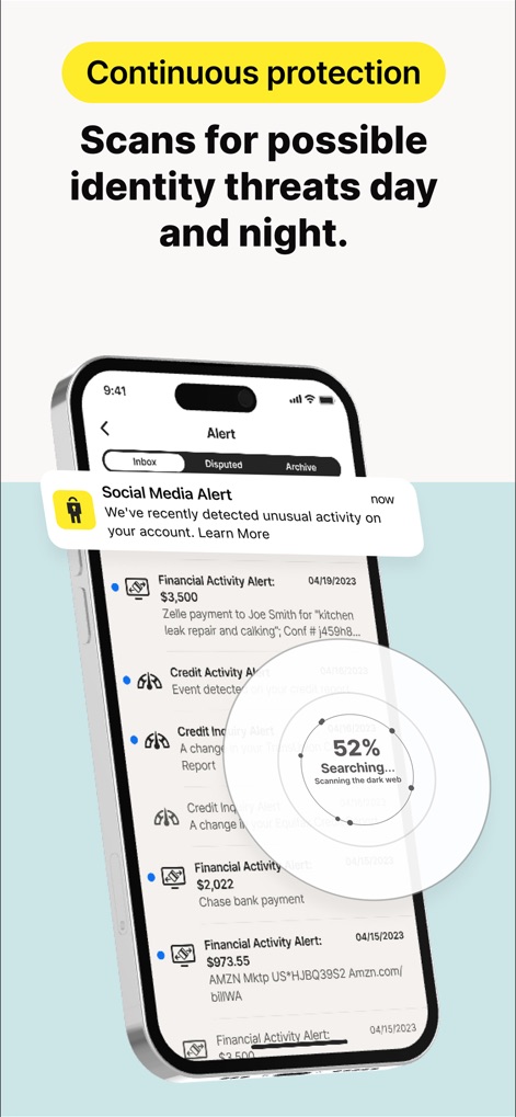 LifeLock Identity - Witness the app's vigilant 'Financial Activity Alerts' and the active 'Dark Web' scanning process, constantly safeguarding personal data.