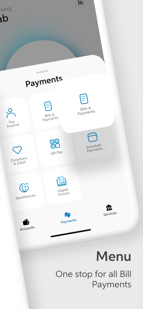 UBL Digital - Safe Banking - Explore a full suite of financial tools within the 'Payments' menu, including dedicated sections for 'Bills & Payments' and 'Remittances'.