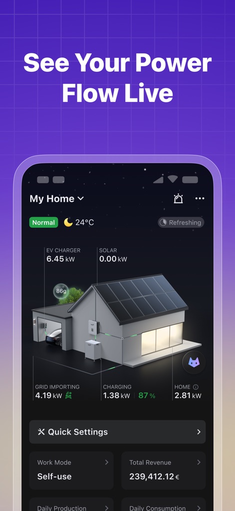 FoxCloud2.0 - This app offers a dynamic 3D house visualization of real-time energy flows and a clear display of accumulated total revenue.