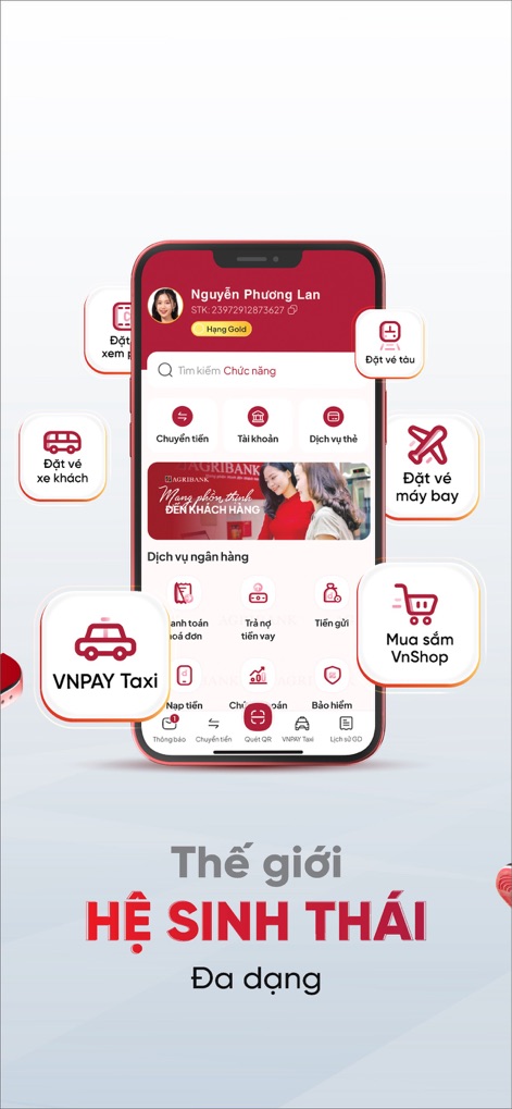 Agribank Plus - Este painel revela um 'HỆ SINH THÁI' abrangente, com ícones para serviços que vão desde 'Đặt vé máy bay' até 'VNPay Taxi', atendendo a múltiplas necessidades do usuário.