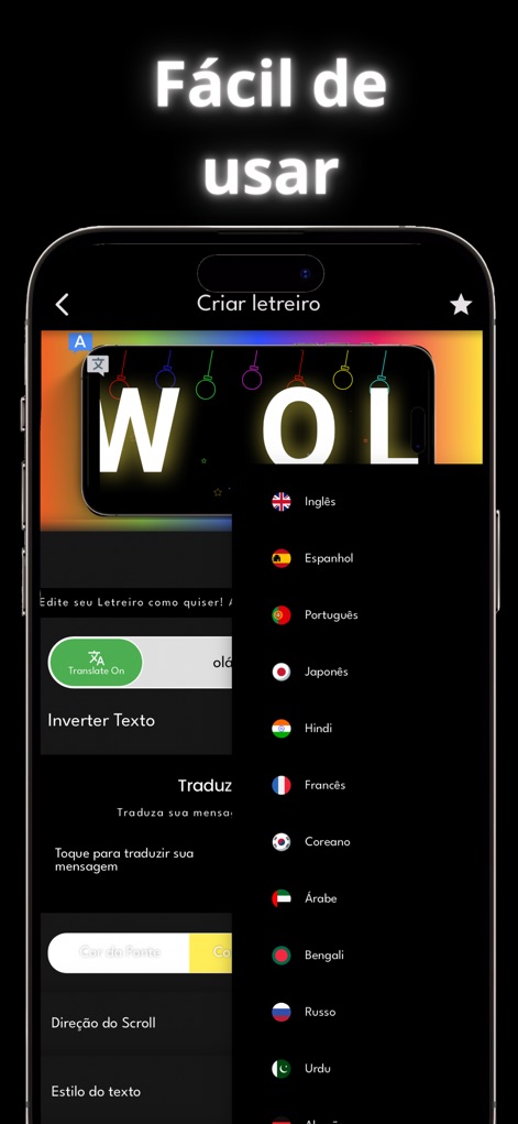 Banner Display App - Die Benutzeroberfläche ermöglicht eine unkomplizierte Banner-Gestaltung mit Optionen für verschiedene Sprachen und eine detaillierte Anpassung von Schriftfarbe und Scrollrichtung.