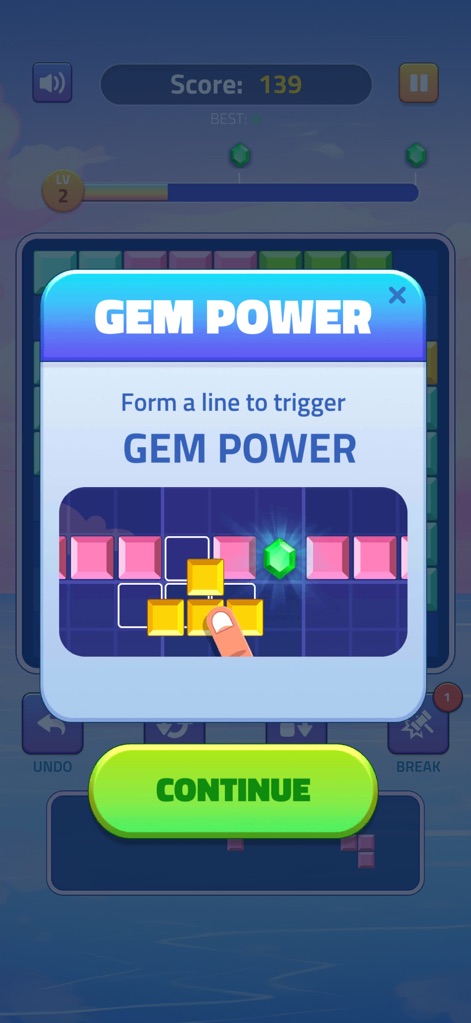 Block Puzzle - Gems Adventure - Ein Erklärungs-Pop-up visualisiert die "Gem Power"-Funktion und verdeutlicht durch eine animierte Handbewegung, wie Linien mit Edelsteinen gebildet werden können.
