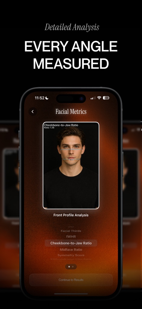 Ascension - Facial Analysis - Explore the comprehensive "Facial Metrics" interface, detailing measures like Cheekbone-to-Jaw Ratio and overall Symmetry Score.