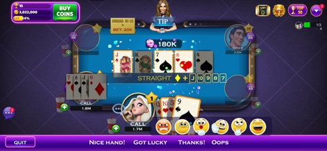 Omaha Poker™- Unlimited Play - 이 앱은 '스트레이트'와 같은 형성된 카드 조합을 시각적으로 명확하게 보여주어, 사용자가 자신의 패와 테이블 상황을 쉽게 인지하고 다음 수를 결정할 수 있도록 돕습니다.
