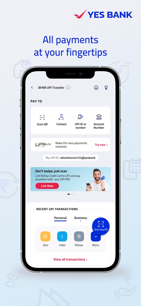 IRIS by YES BANK - Mobile App - The app facilitates instant fund transfers through clear options like "Scan QR" and "UPI ID or number," complemented by a categorized view of "RECENT UPI TRANSACTIONS."