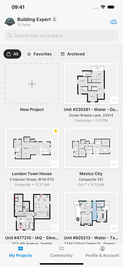 magicplan - This initial screen provides users with an organized overview of their current and past projects, facilitating quick access and new project creation directly from the dashboard.