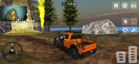 Real Offroad Jeep Driving Game - Un vibrante camión todoterreno naranja celebra la victoria al cruzar la línea de meta, con la puerta del vehículo abierta para un toque de realismo.