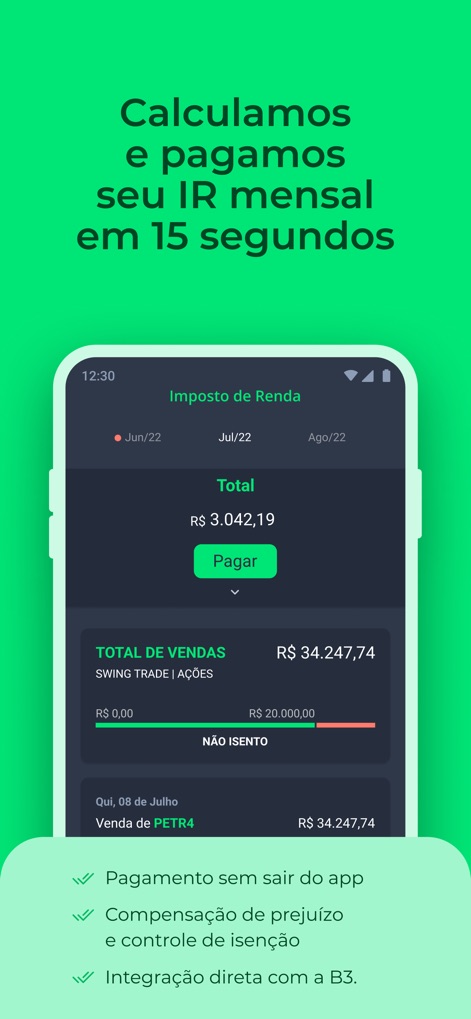 Grana - IR da bolsa automático - The app displays a clear monthly income tax summary, detailing total sales and allowing for direct in-app DARF payments and seamless B3 integration.