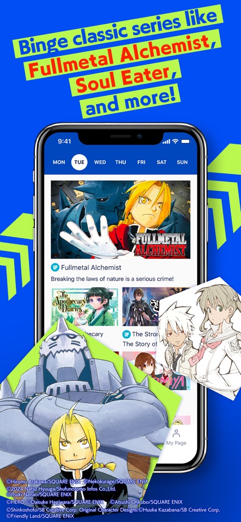 Manga UP! - Stay current with new releases through the intuitive daily schedule interface, prominently featuring classic titles such as Fullmetal Alchemist.