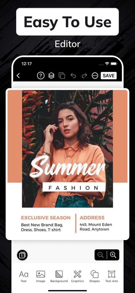 Flyer Maker + Poster Maker - La captura revela la interfaz de edición, resaltando la barra inferior con íconos claros para añadir 'Text' e 'Image', lo que facilita la personalización de los diseños para los usuarios.