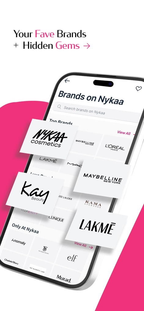 Nykaa – Makeup/Beauty Shopping - Questo screenshot evidenzia la vasta gamma di "Marche su Nykaa", mostrando i loghi di brand popolari e permettendo agli utenti di "cercare brand" specifici tra le molteplici opzioni disponibili.