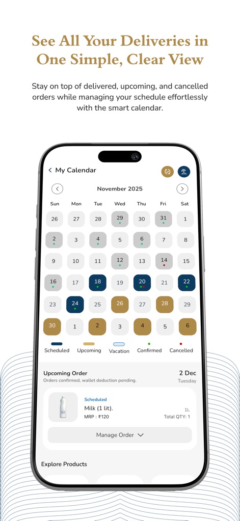 Pride of Cows - 統合されたカレンダービューでは、ユーザーは今後の配達（X: 11月の配達予定）や過去の注文履歴（Y: 12月2日の詳細）をひと目で確認し、簡単に管理できます。