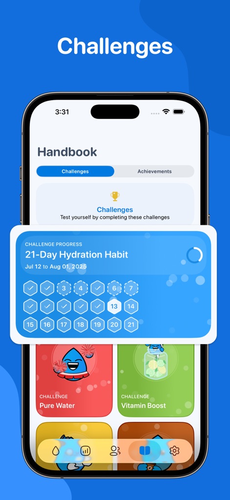 Water Tracker by WaterMinder® - Users can boost motivation through structured challenges, tracking their progress on a calendar grid and selecting from various themed activities.