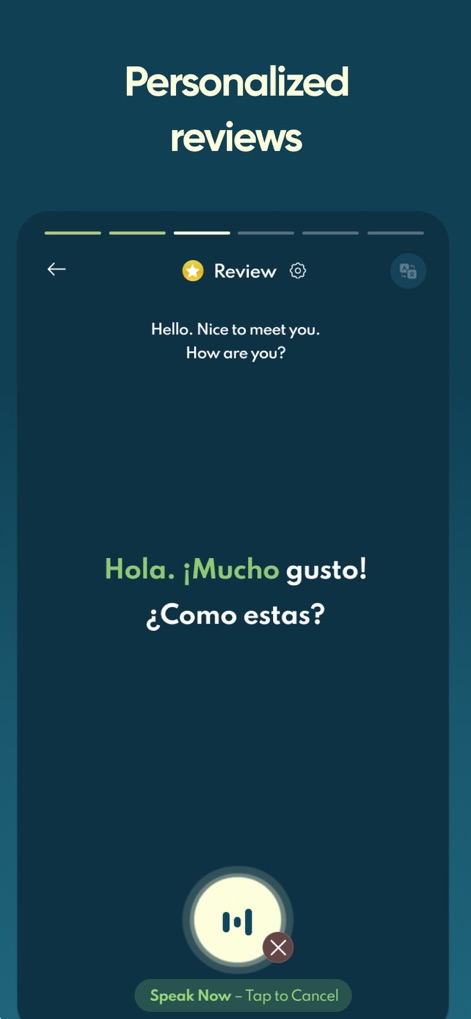 Jumpspeak | Language Learning - 이 스크린샷은 'Hola. ¡Mucho gusto! ¿Cómo estas?'와 같은 학습 내용을 복습할 수 있는 화면으로, 'Speak Now' 버튼을 통해 사용자가 배운 표현을 다시 연습할 수 있게 합니다.